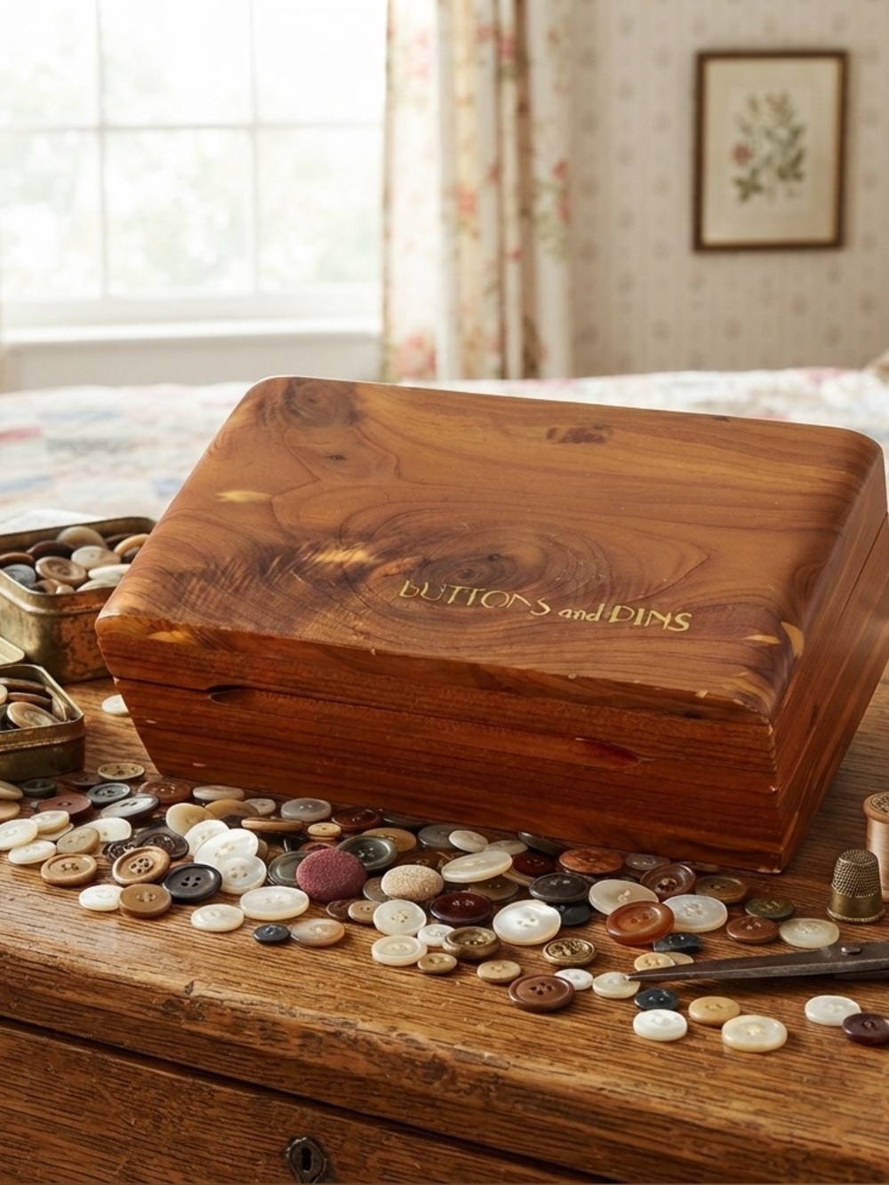 Vintage Cedar Wood Trinket Box "Buttons and Pins" Hinged Lid 3.5x5.25x2
